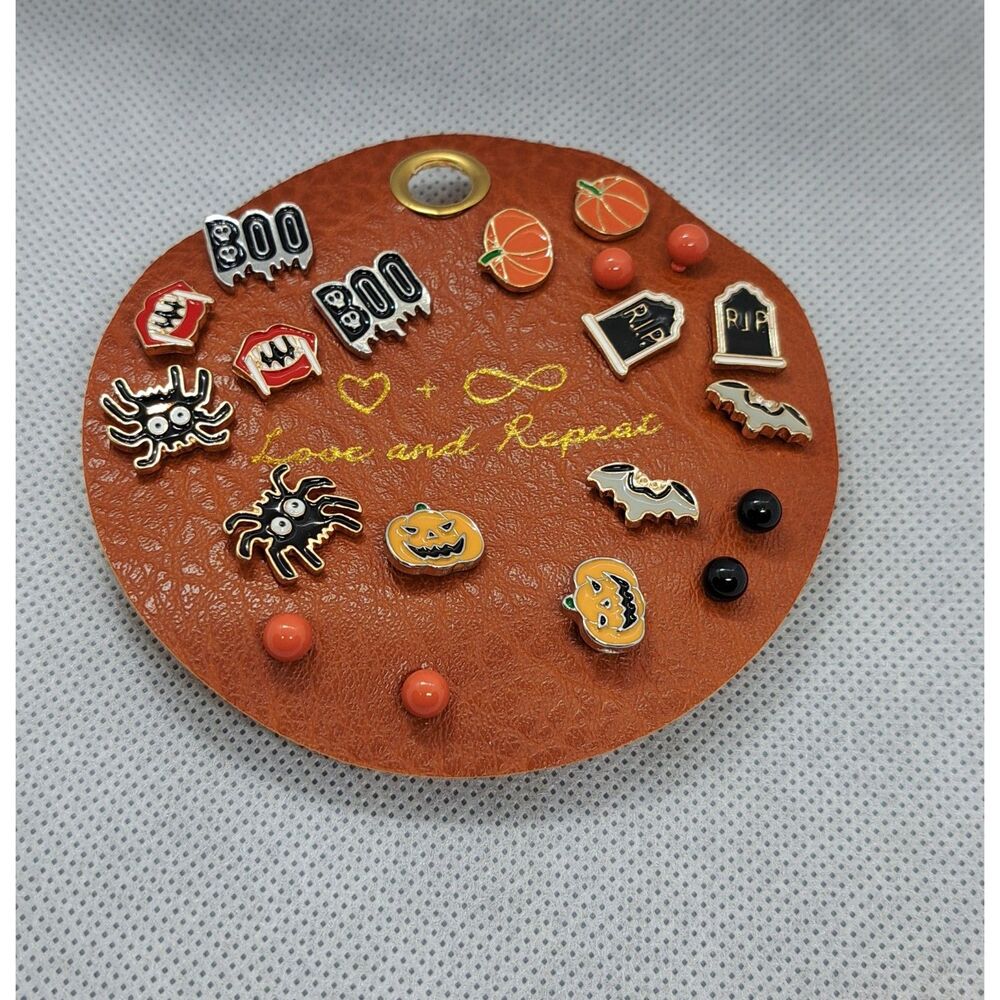 10 Pair- Stud Earrings-leather holder- Halloween, Spooky, Spider, Pumpkin